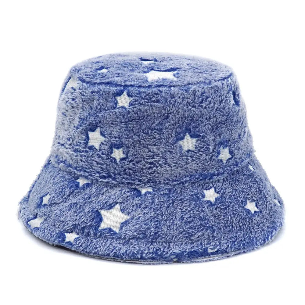 Colorful Faux Fur Bucket Hat with Striped Pattern Blue. / M