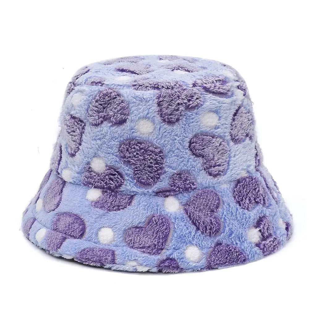Colorful Faux Fur Bucket Hat with Striped Pattern Blue / M
