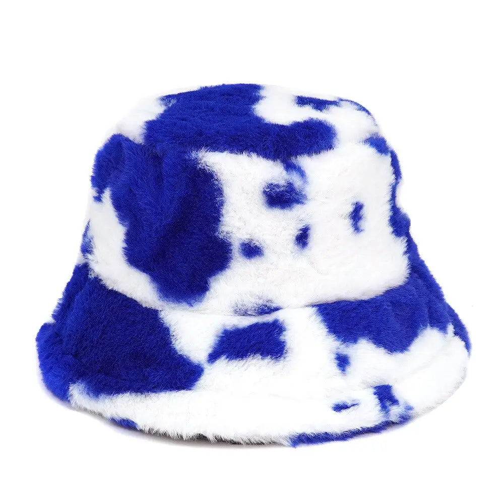Colorful Faux Fur Bucket Hat with Striped Pattern