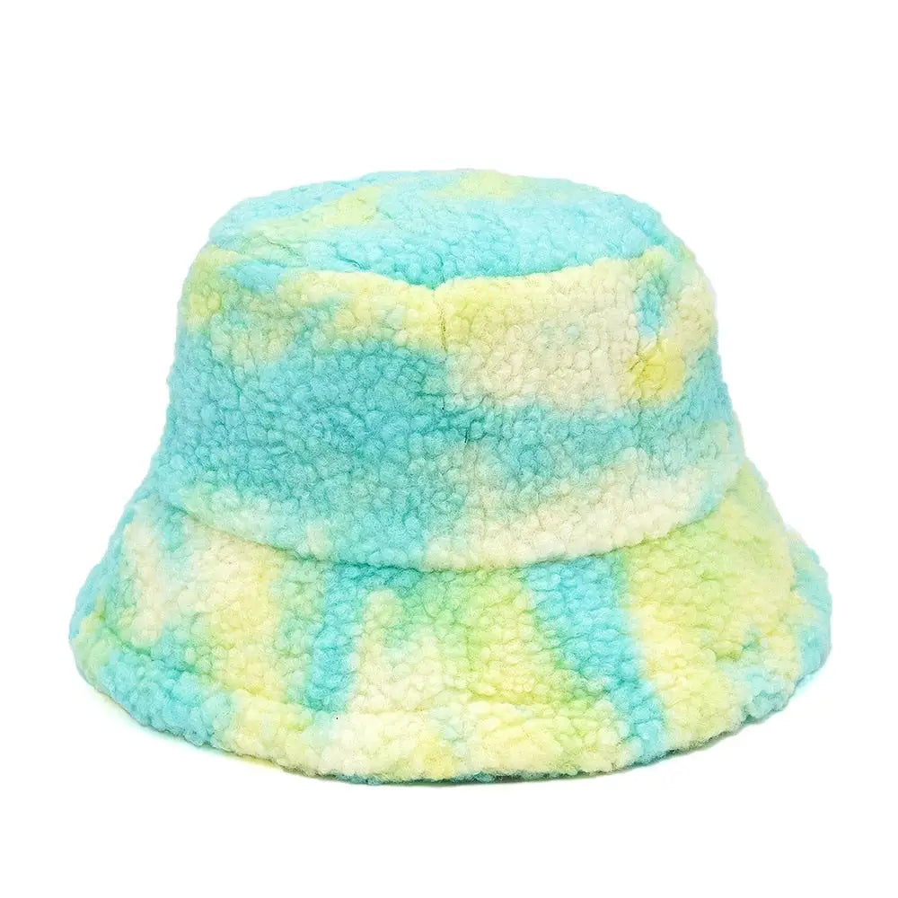 Colorful Faux Fur Bucket Hat with Striped Pattern