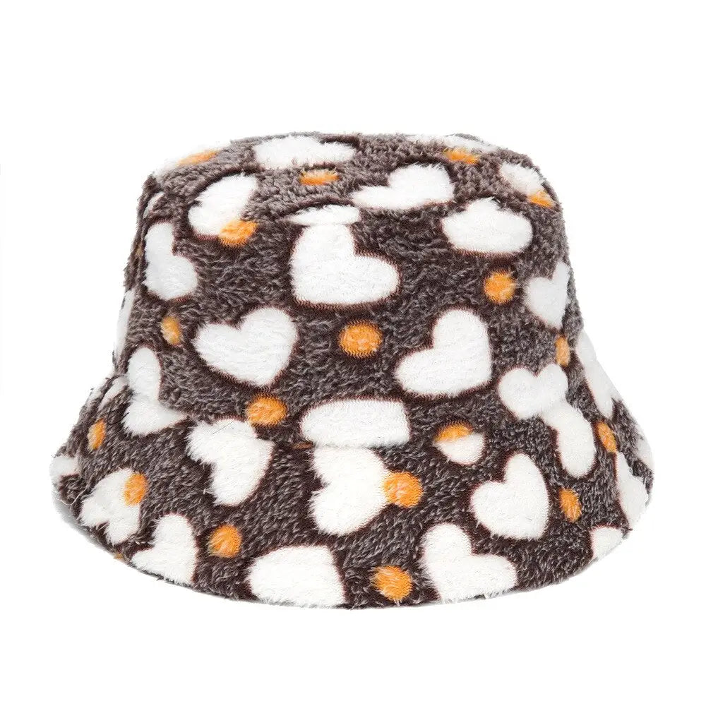 Colorful Faux Fur Bucket Hat with Striped Pattern Brown / M