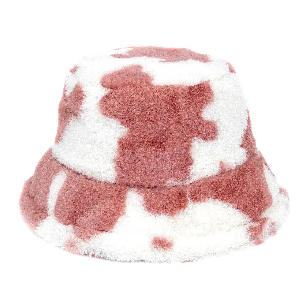 Colorful Faux Fur Bucket Hat with Striped Pattern