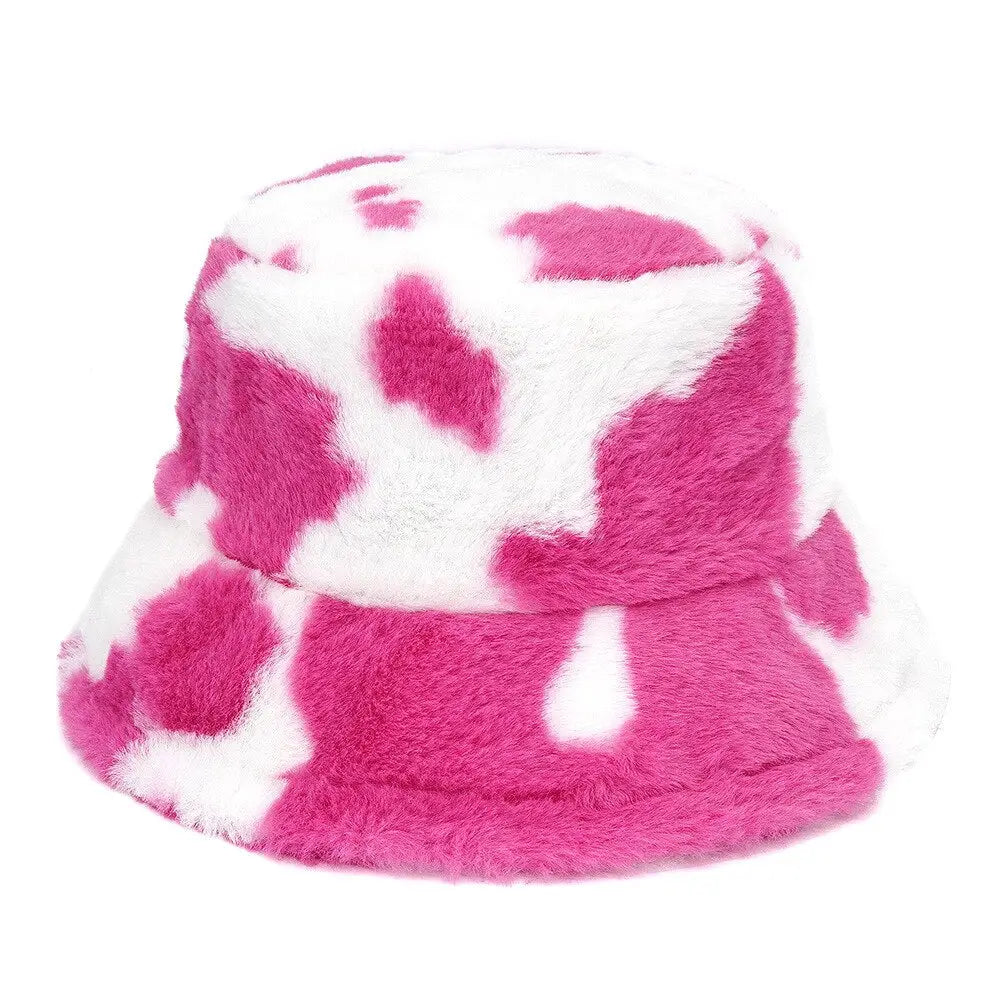Colorful Faux Fur Bucket Hat with Striped Pattern