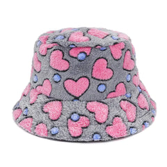 Colorful Faux Fur Bucket Hat with Striped Pattern Gray-Pink
