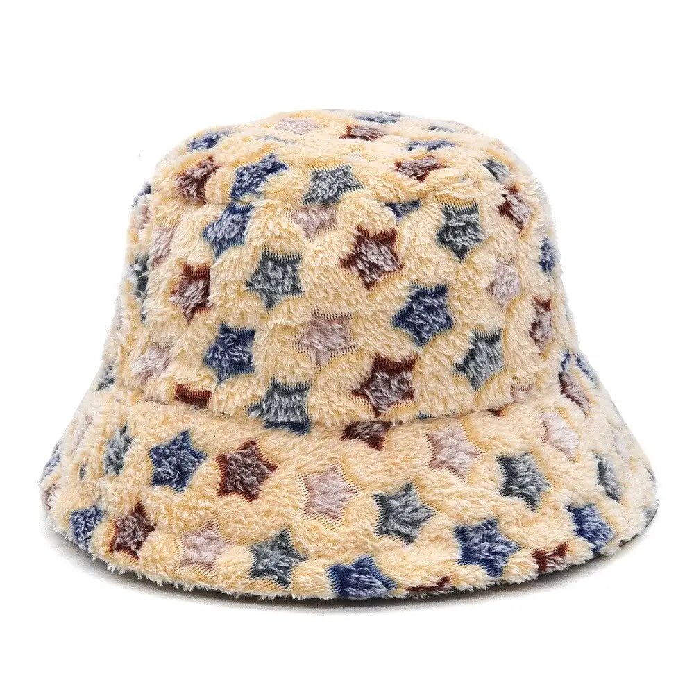 Colorful Faux Fur Bucket Hat with Striped Pattern Light
