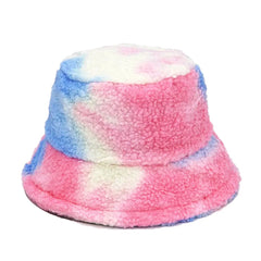 Colorful Faux Fur Bucket Hat with Striped Pattern Pink-Blue