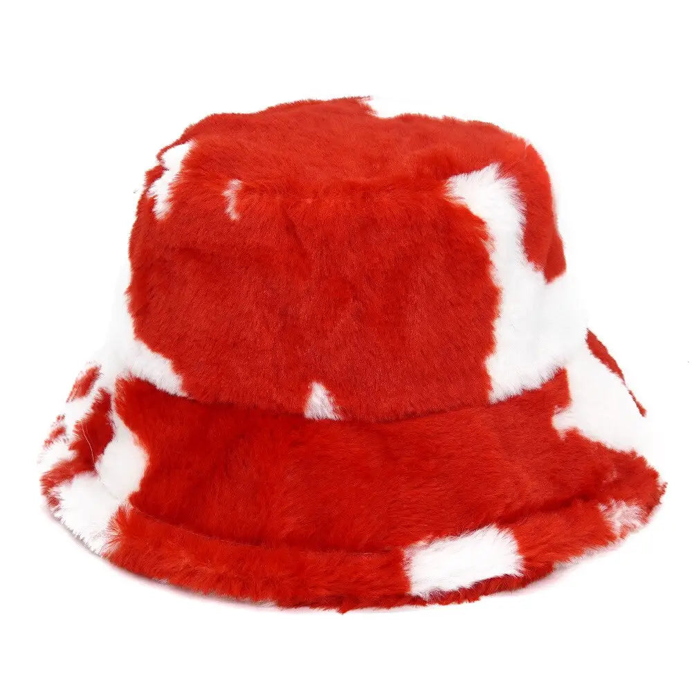 Colorful Faux Fur Bucket Hat with Striped Pattern Red-White