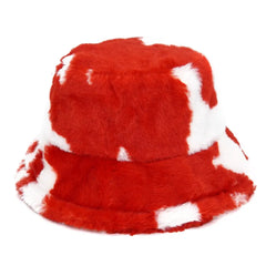 Colorful Faux Fur Bucket Hat with Striped Pattern Red-White