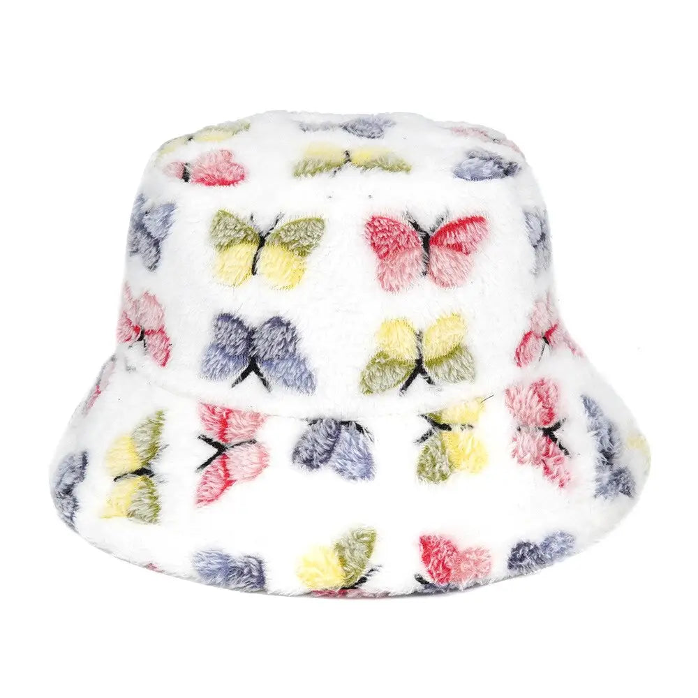 Colorful Faux Fur Bucket Hat with Striped Pattern White / M