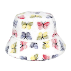 Colorful Faux Fur Bucket Hat with Striped Pattern White / M