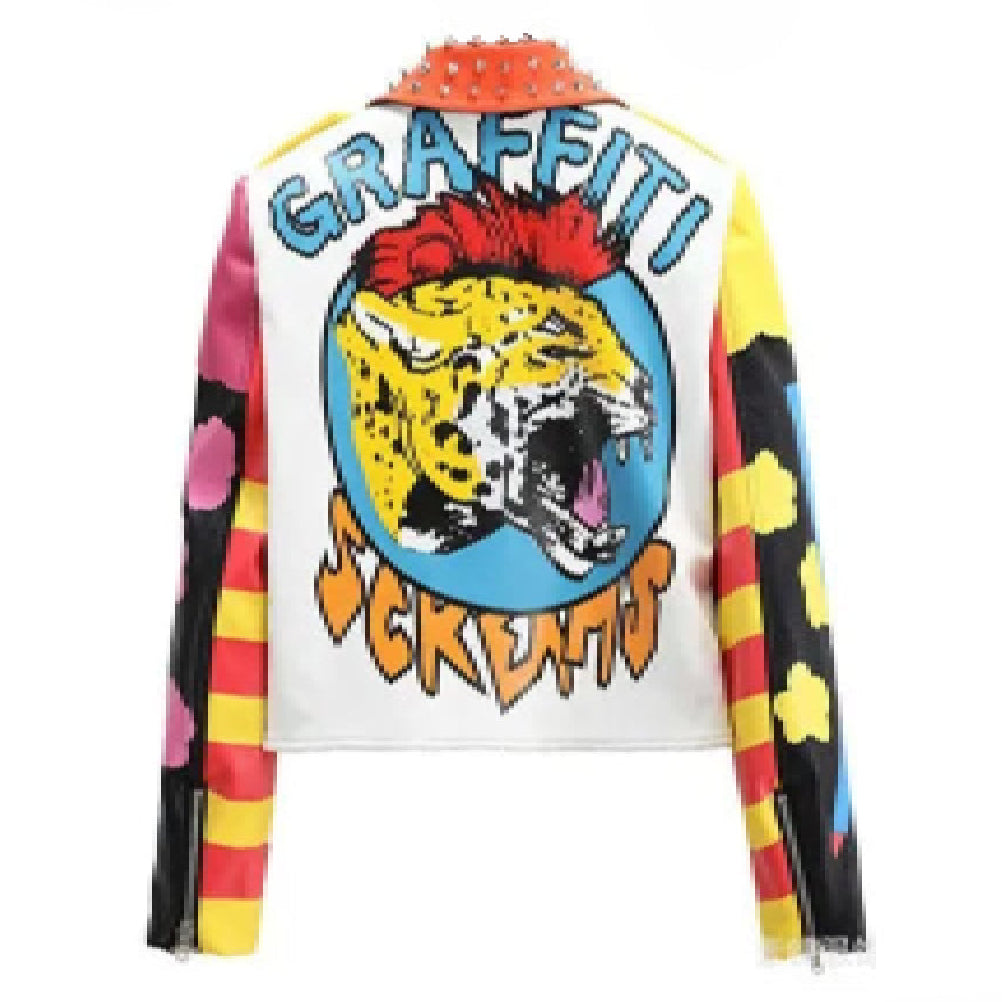 Colorful Girl Arms Motorcycle PU Leather Jacket