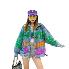 Colorful Graffiti Letters Loose Denim Jacket