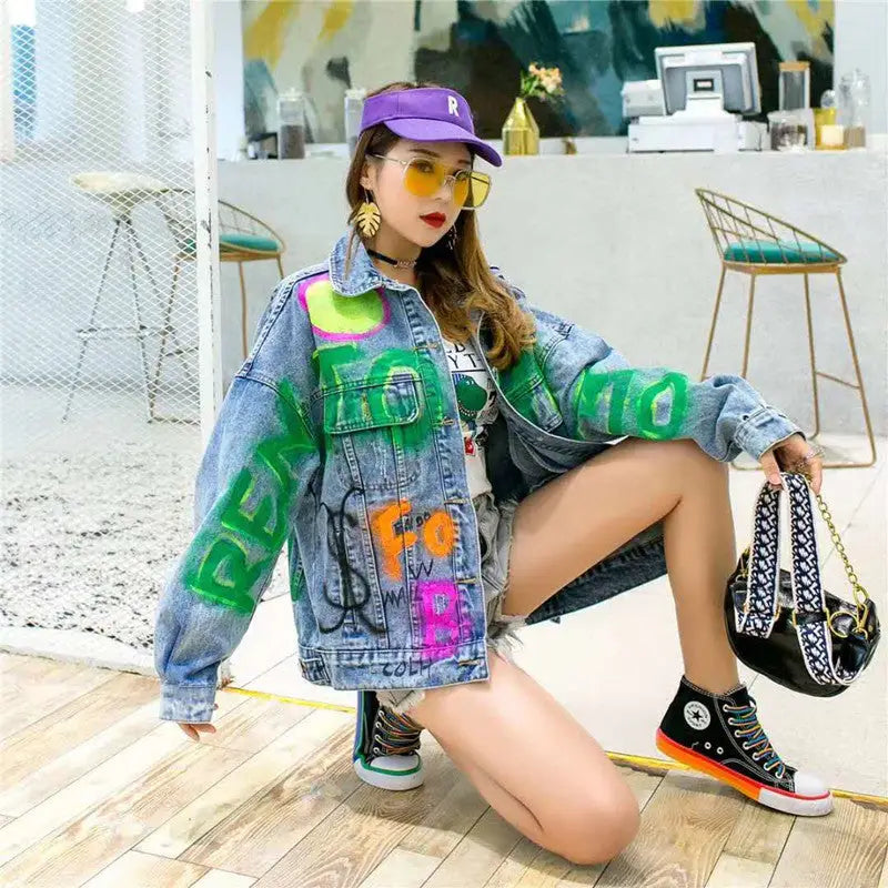 Colorful Graffiti Letters Loose Denim Jacket