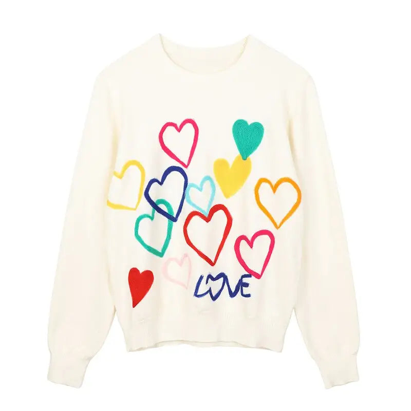 Colorful Heart Love Sweater - Beige / One Size