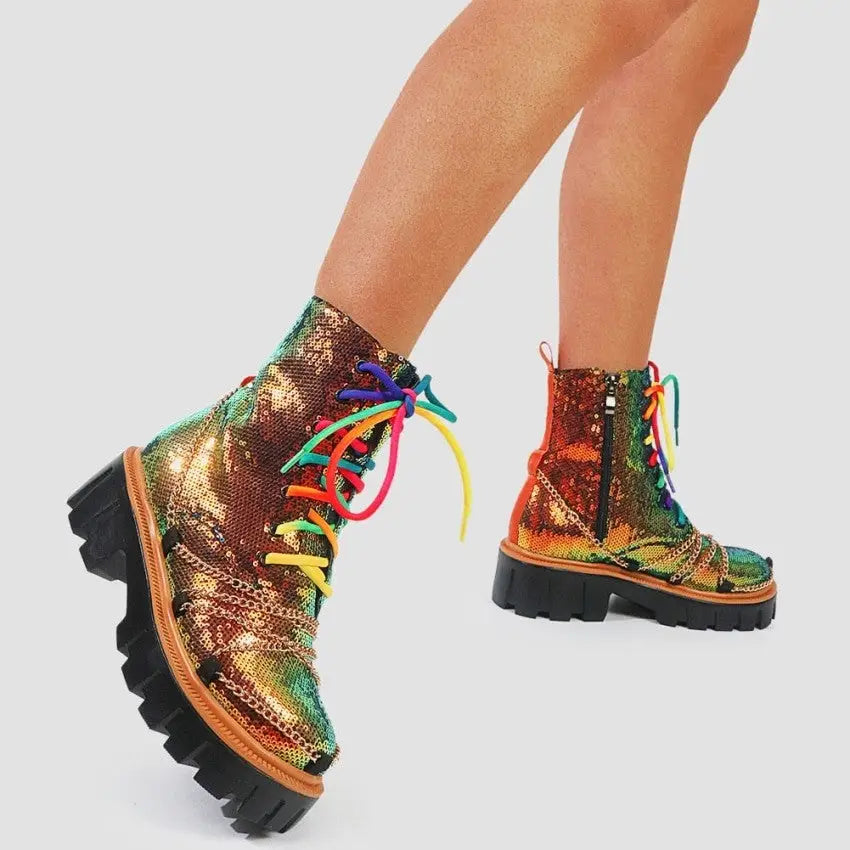 Colorful Laces Adorned With Chains Boots