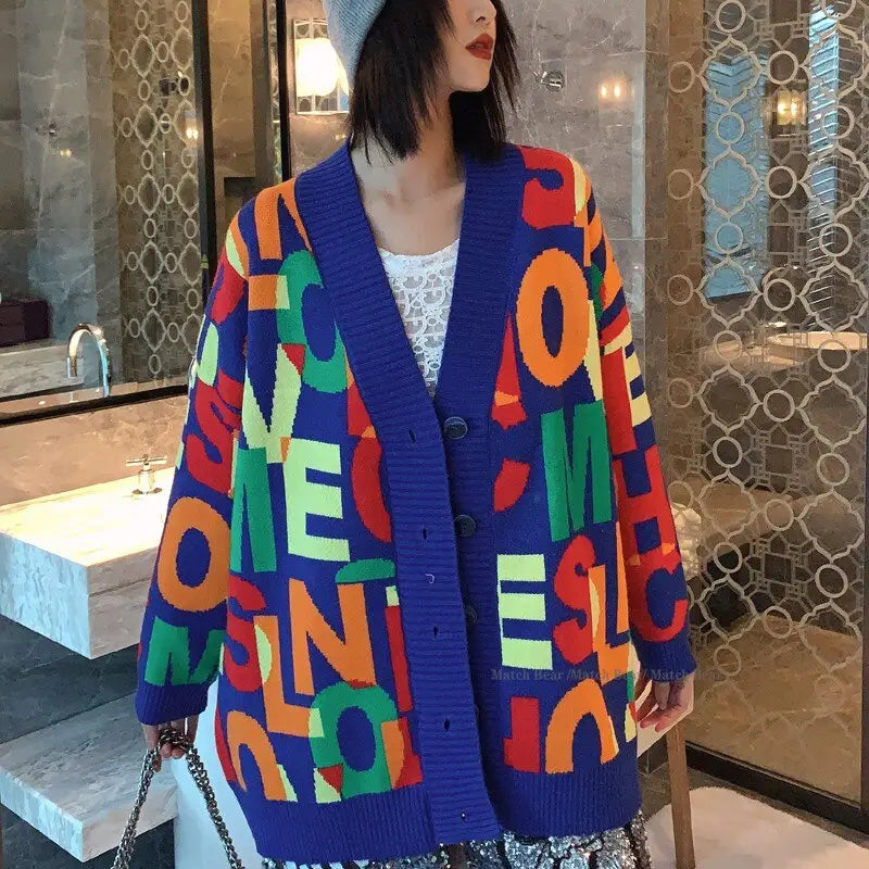 Colorful Letter Knitted Oversize Cardigan