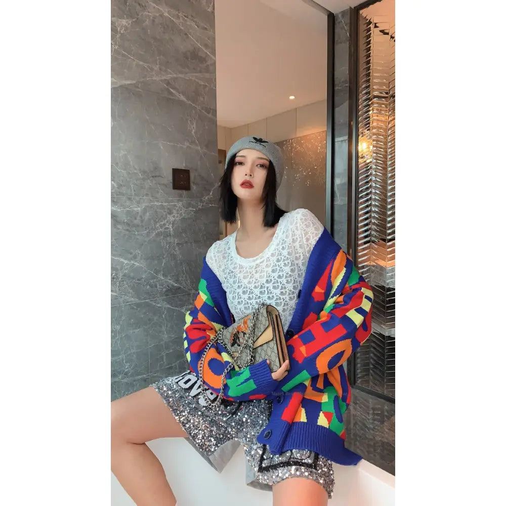 Colorful Letter Knitted Oversize Cardigan