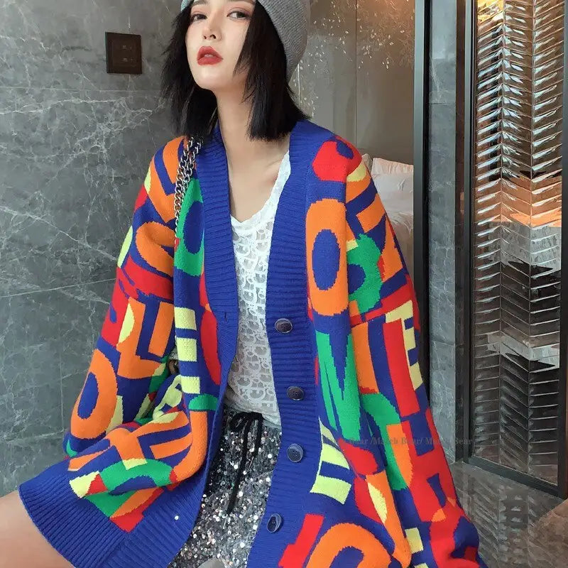 Colorful Letter Knitted Oversize Cardigan