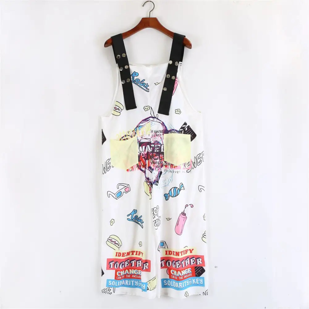 Colorful Letters Loose Suspenders Jumpsuit - White