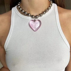 Colorful Love Heart Pendant Necklaces - Pink / One Size
