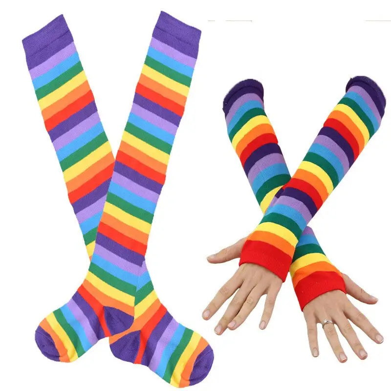 Colorful Rainbow Knee Socks and Arm Warmer Set Purple