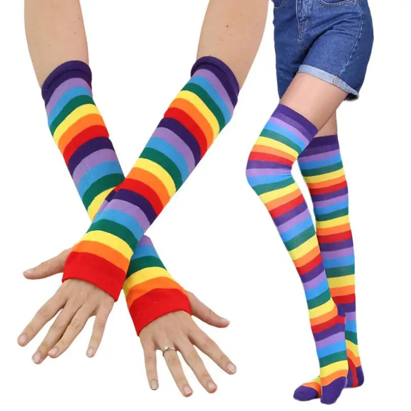 Colorful Rainbow Knee Socks & Arm Warmer Gloves