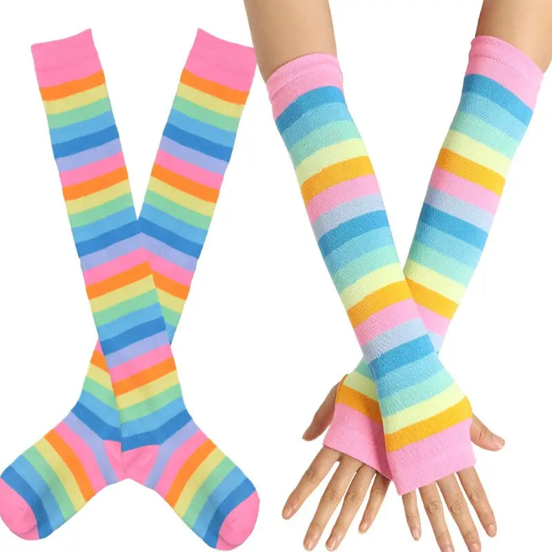 Colorful Rainbow Knee Socks & Arm Warmer Gloves