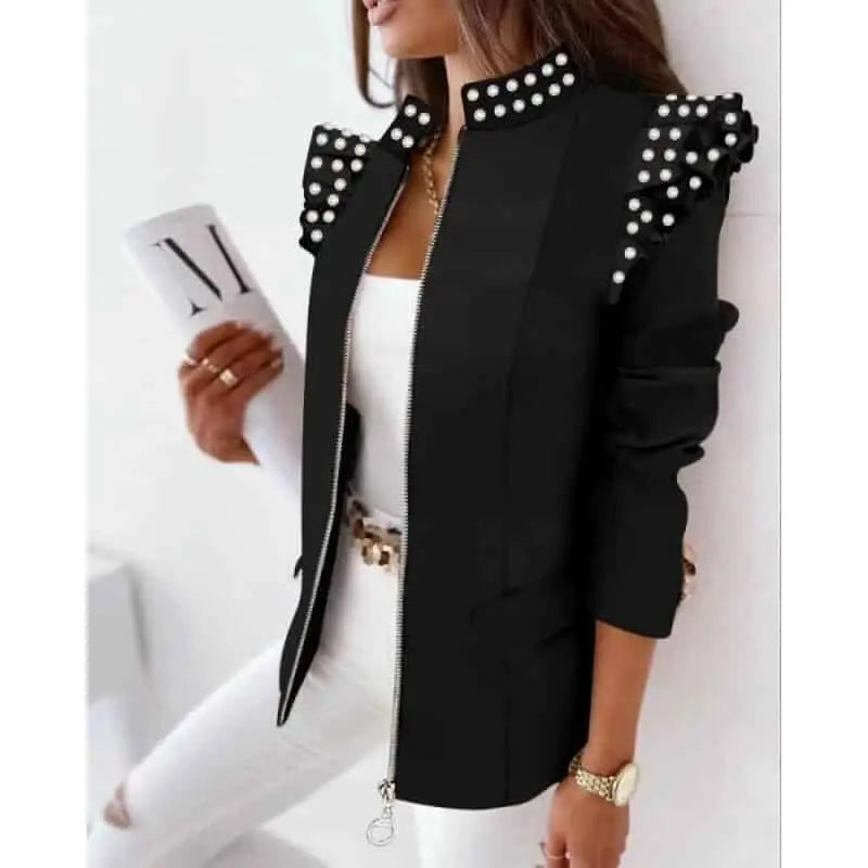 Colorful Ruffled Long Sleeved Zipper Blazer Black. / S