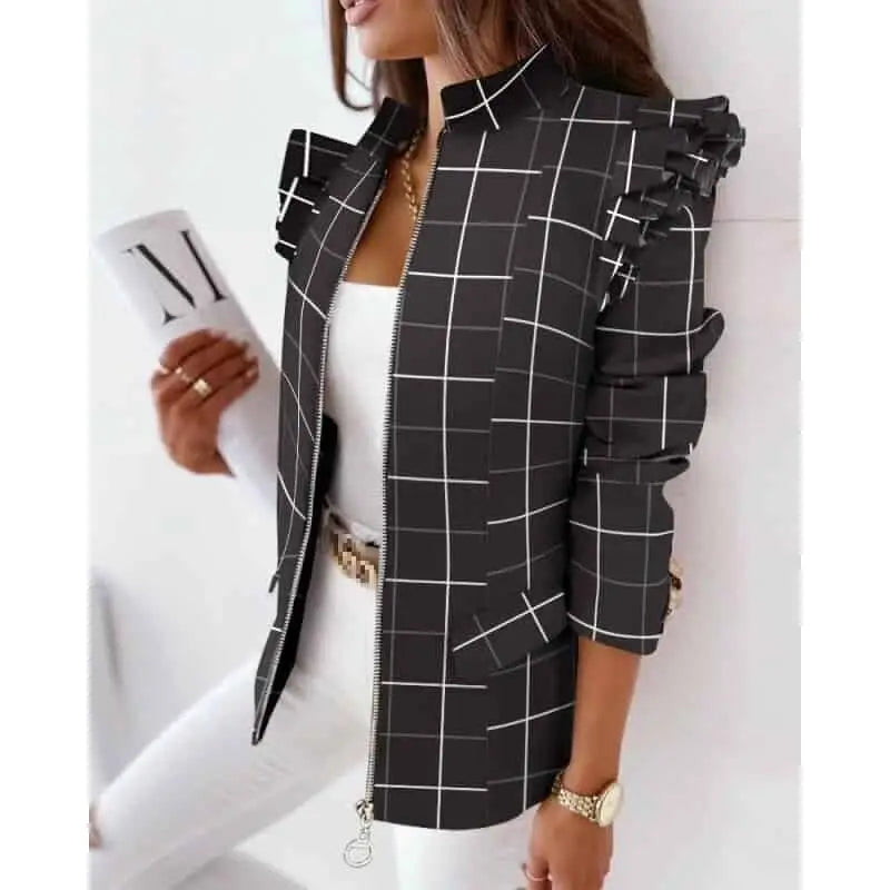 Colorful Ruffled Long Sleeved Zipper Blazer Black / S
