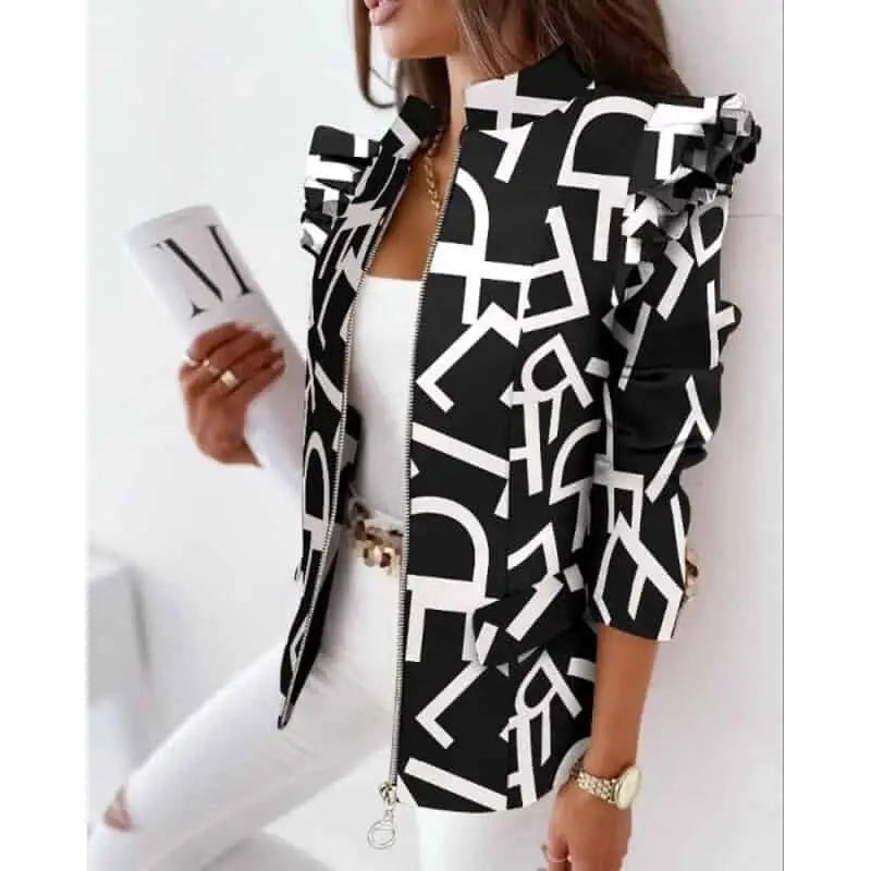 Colorful Ruffled Long Sleeved Zipper Blazer Black - White