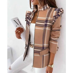 Colorful Ruffled Long Sleeved Zipper Blazer Khaki / S