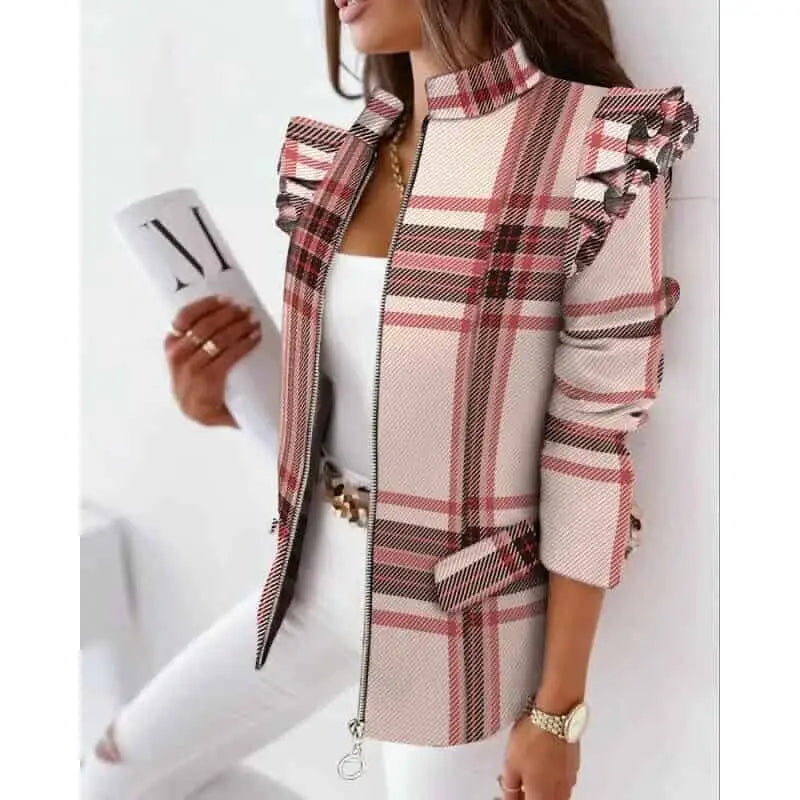 Colorful Ruffled Long Sleeved Zipper Blazer Pink / S