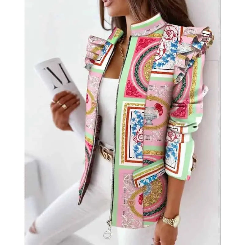 Colorful Ruffled Long Sleeved Zipper Blazers - Pink. / S