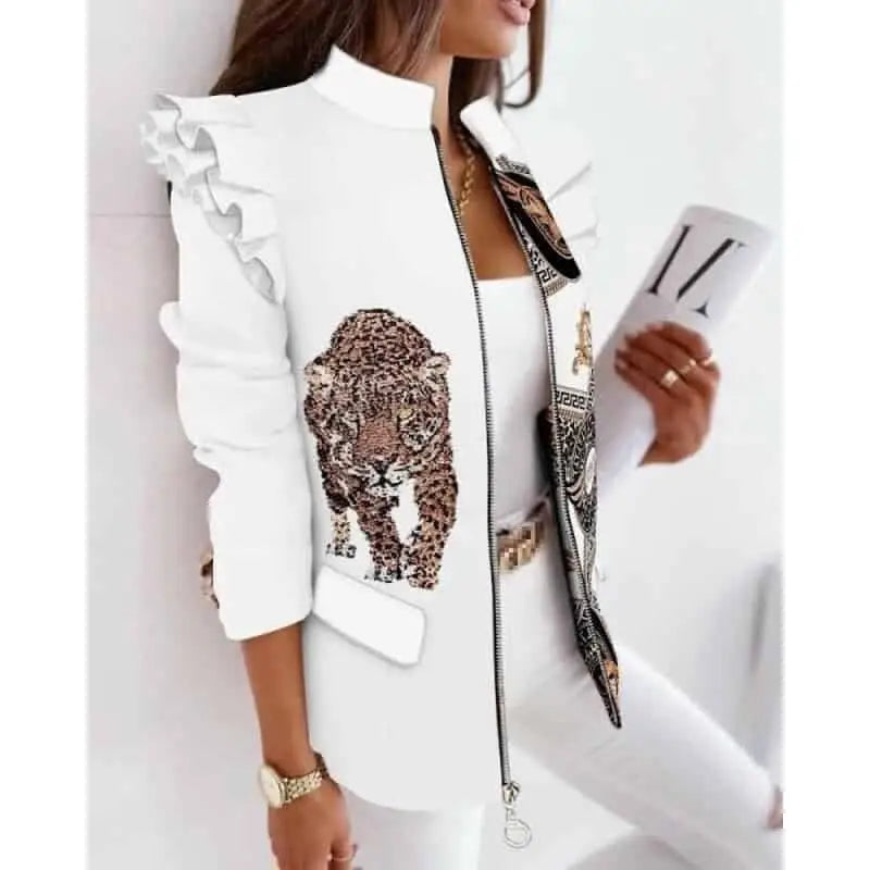 Colorful Ruffled Long Sleeved Zipper Blazers - White / S
