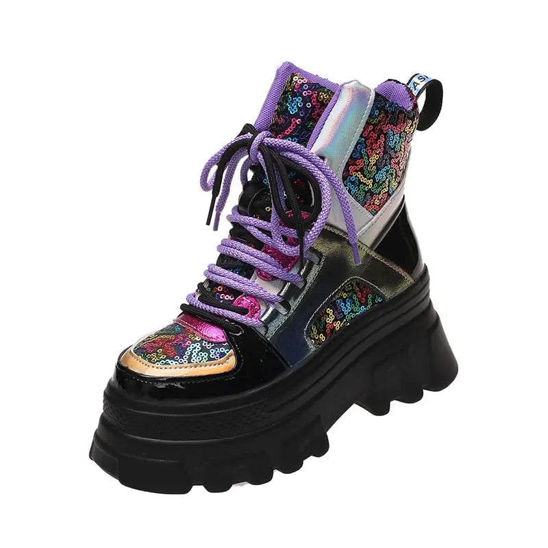 Colorful Sequined Platform Boots Euro Size Guide Purple / 35
