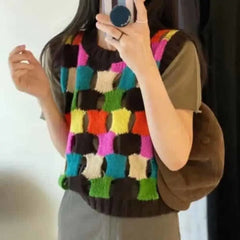 Colorful Squares Hollow-out Vest - Brown / One Size