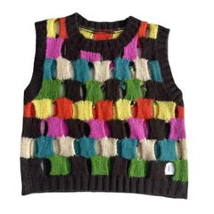 Colorful Squares Hollow-out Vest - Brown / One Size