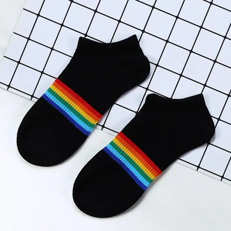Colorful Stripes Cotton Socks - Black-Rainbow Ankle