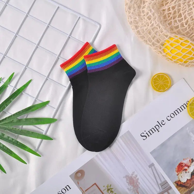 Colorful Stripes Cotton Socks - Black-Rainbow C / One Size