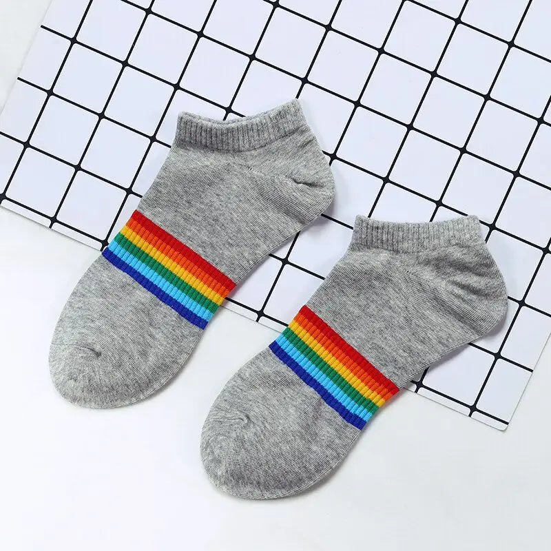 Colorful Stripes Cotton Socks - Gray-Rainbow / One Size
