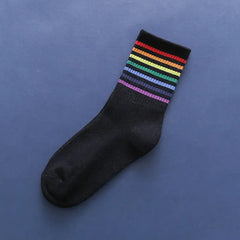 Colorful Stripes Cotton Socks One Size Black-Rainbow