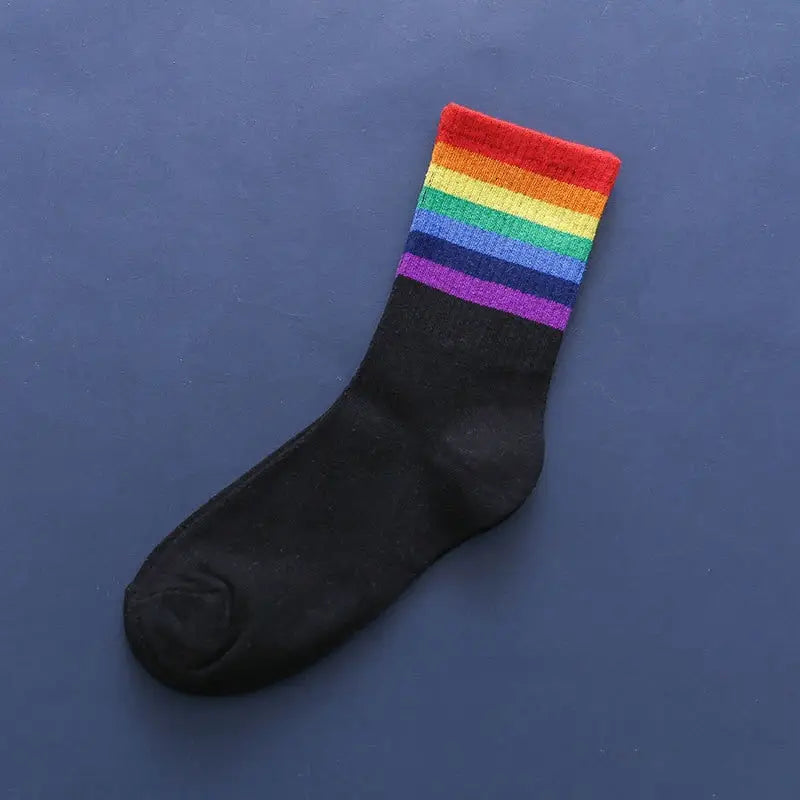 Colorful Stripes Cotton Socks One Size Black-Rainbow B