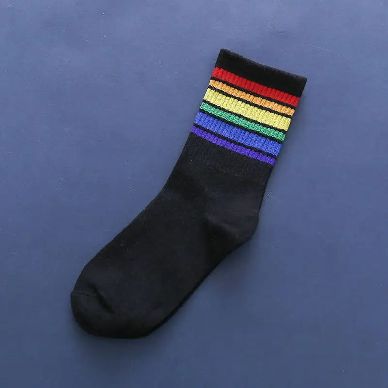 Colorful Stripes Cotton Socks One Size Black-Rainbow