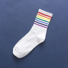 Colorful Stripes Cotton Socks One Size White-Rainbow