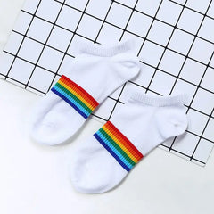 Colorful Stripes Cotton Socks One Size White-Rainbow Ankle