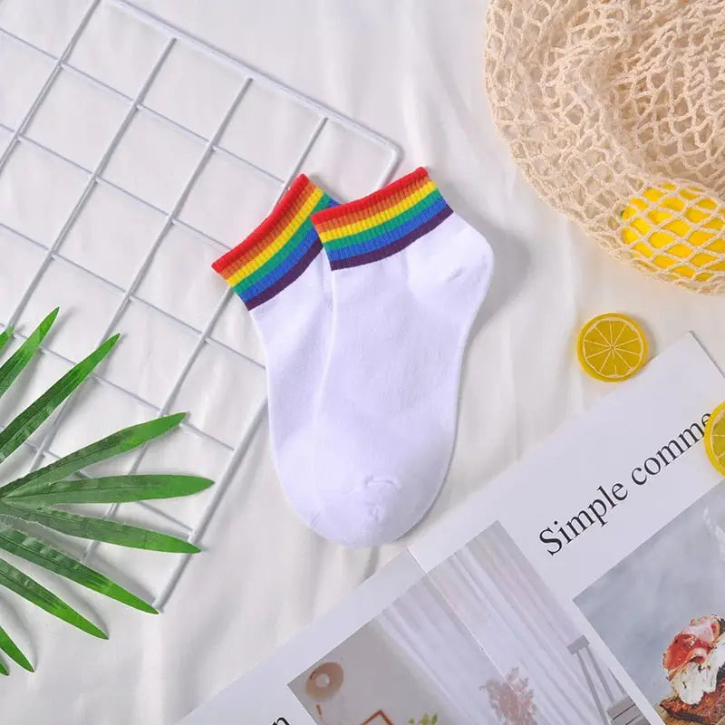 Colorful Stripes Cotton Socks One Size White-Rainbow C