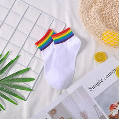Colorful Stripes Cotton Socks One Size White-Rainbow C