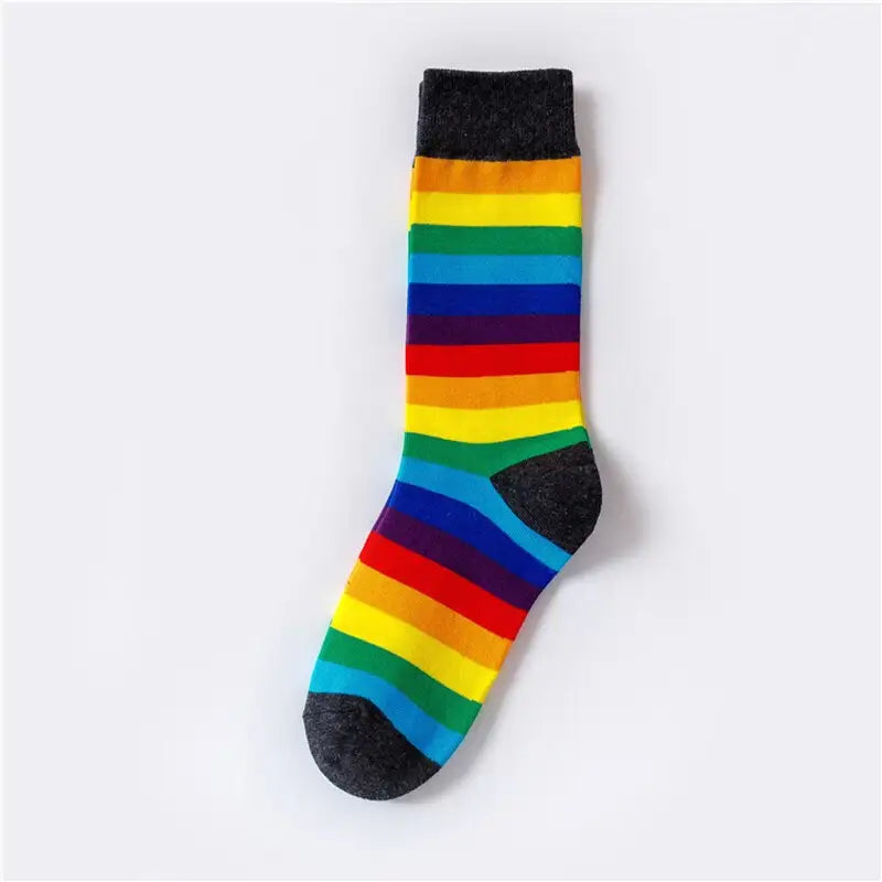 Colorful Stripes Cotton Socks - Rainbow-Black / One Size