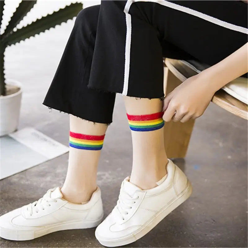 Colorful Stripes Cotton Socks - White / One Size