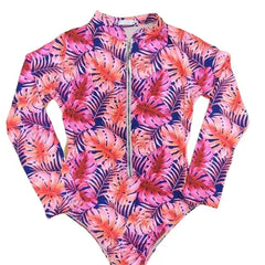 Colour Flower One-piece Long-sleeve Swimsuit with Zipper